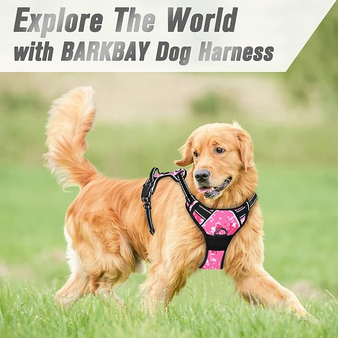 BARKBAY No Pull Dog Harness Front Clip Heavy Duty Reflective Easy Control Handle for Large Dog Walking(Pink camo,XL)