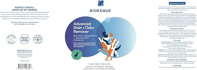 Bioesque Advanced Stain + Odor Remover, Pet-Friendly Natural Enzymatic & Bacterial Formula, Heavy-Duty Stain & Odor Remover, Safe on Carpets, Hard Floors, & More, 1 Gallon (Pack of 4)