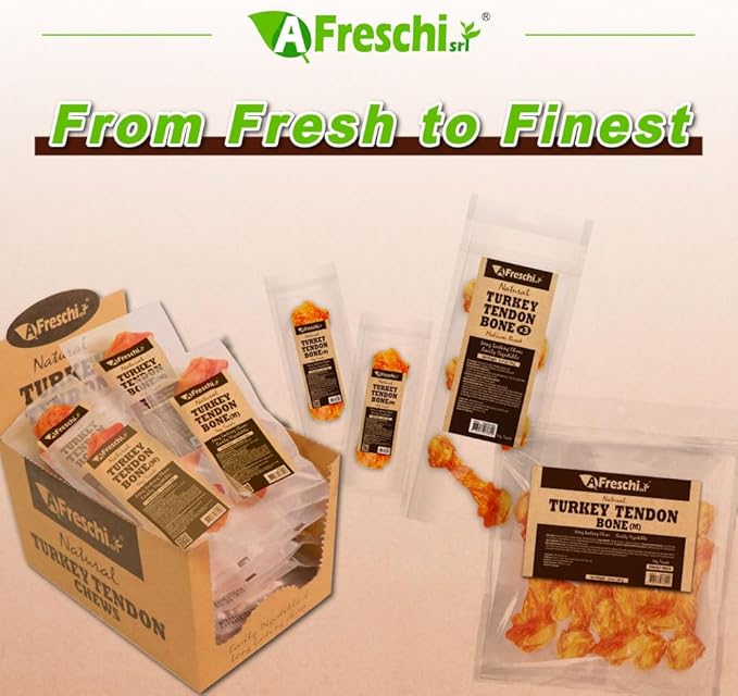 Afreschi Natural Turkey Tendon Bone (M) 10 oz, USA-Sourced Turkey Tendon, All Natural Puppy Chew, Hypoallergenic, Rawhide Alternative, for Medium Breeds