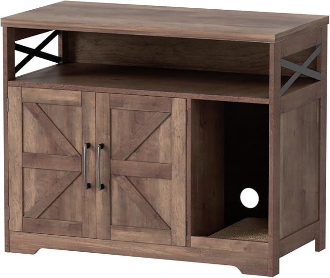 Cat Litter Box Enclosure, Hidden Litter Box Furniture with Scratch Pad, Farmhouse Indoor Cat House Washroom End Table, Retro Brown