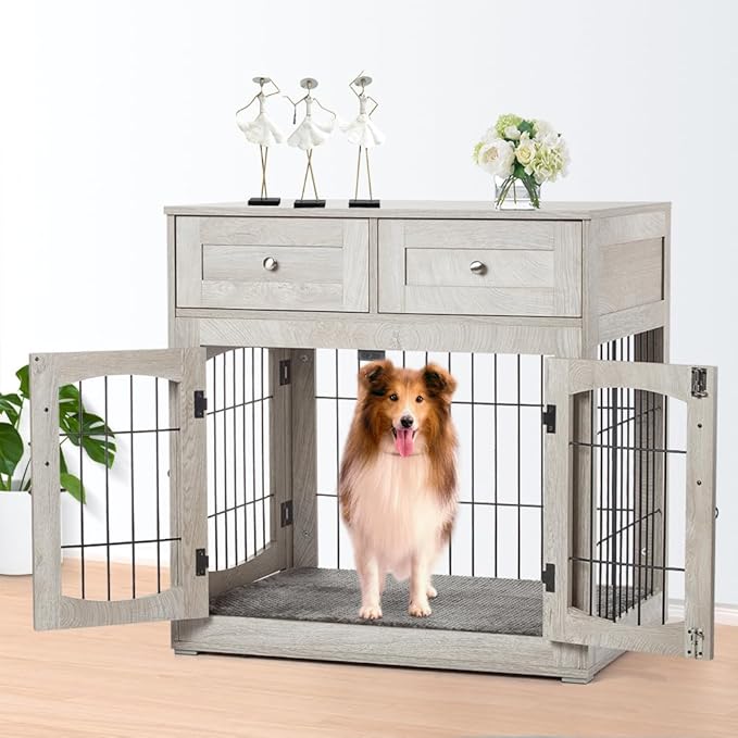 Dog Crate Furniture for Large Dogs, Wooden Dog Kennel Indoor with Double Doors, Dog Cage with Cushion & Drawers, Dog House Side End Table for Large Medium Dogs up to 70 lb, 39.4β L, Grey