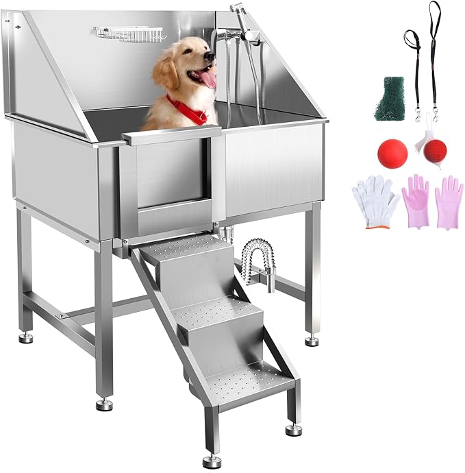38" Pet Dog Bathing Station W/Ramp, Professional Stainless Steel Dog Grooming Tub W/Soap Box, Faucet,Rich Accessory, Dog Bathtub for Large,Medium,Small Pets, Washing Sink for Home,L-RAMP