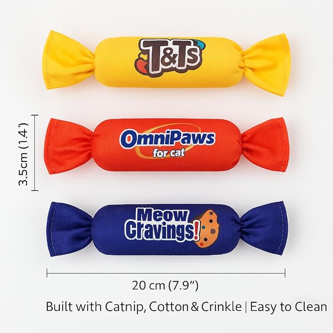 Catnip Candy Toys for Indoor Cats – 3-Pack Crinkle Cat Toys with Catnip Pouches, Durable Canvas & Soft Filling, Cat Chew Toys for Kittens & Adults (Mix Color)