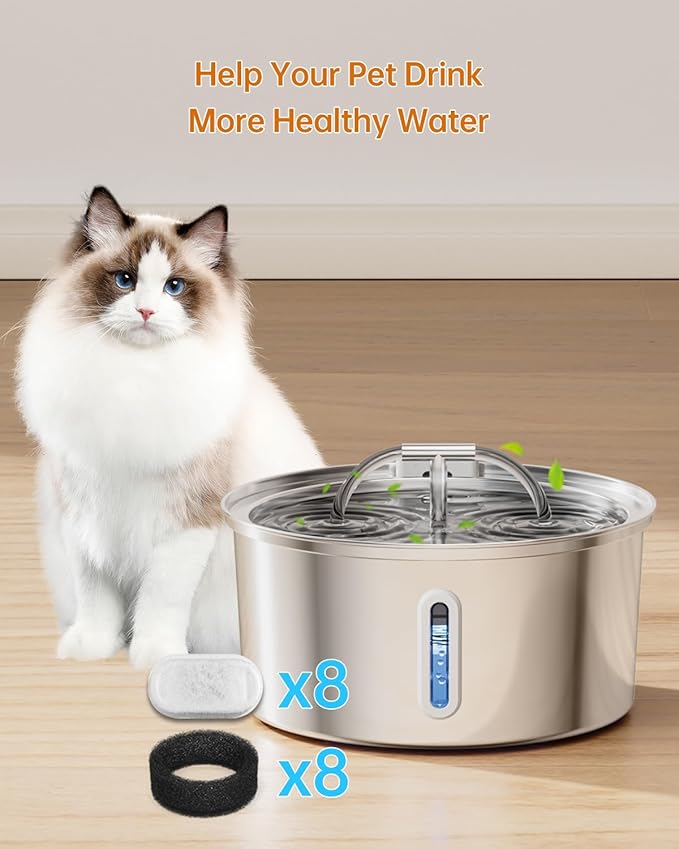 Cat Water Fountain Filter, Filters Replacement for 108Oz/3.2L&67Oz/2L&135Oz/4L Stainless Steel Pet Water Drinking Fountain, Dog Indoor Water Dispenser Fountain Carbon Filter (8 Filters & 8 Sponges)