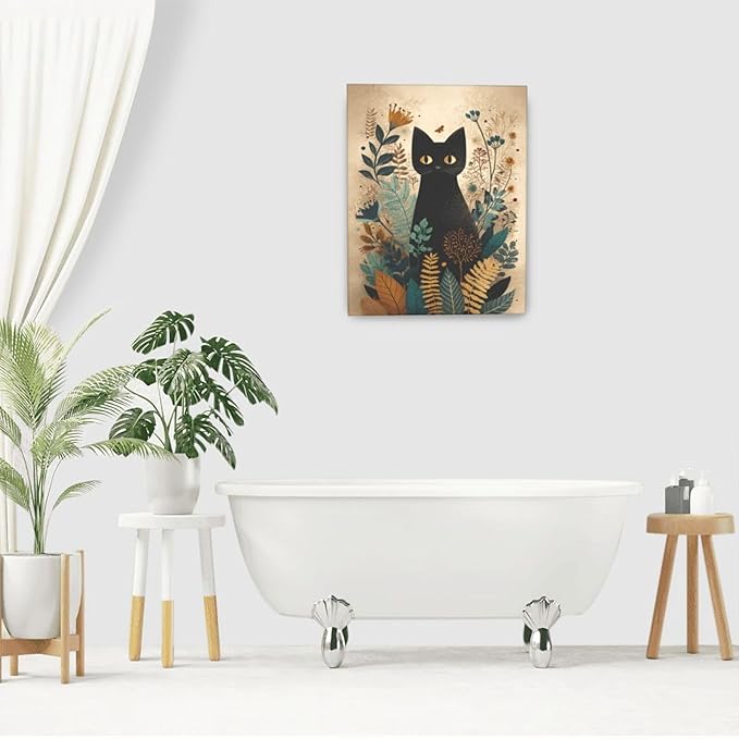 Boho Black Cat Wall Art Kitten Botanical Wall Decor Mid Century Modern Canvas Painting Print Minimalist Pictures Artwork Framed Decorations Gifts for Cat Lover Bathroom Nursery Living Room Bedroom Kitchen 16"x20"