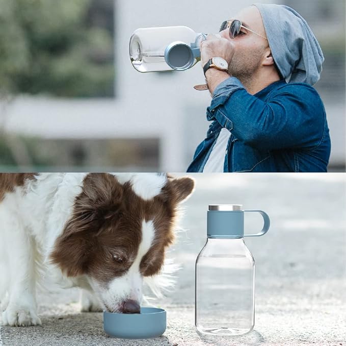 Asobu Buddy Bottle a Stainless Steel Insulated Water Bottle for with Removable Dog Water Bowl and Dog Food and Treat Storage Bowl (Blue, Tritan 50 oz Water Bottle with Bowl)