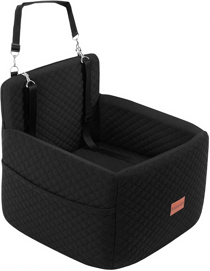 Dog Car Seat for Small & Medium Dogs Under 35lbs, Detachable & Washable Pet Car Seat, Interior Height 6 Inches Pet Travel Bed with Storage Pockets and 2 Dog Safety Belts (Black)