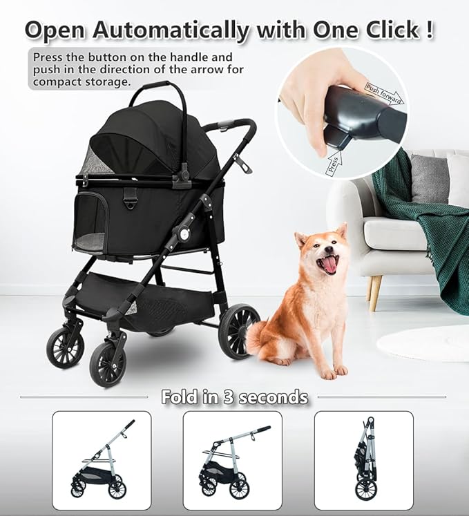 Dog Cat Stroller, Foldable 4 Wheels Dog Stroller for Small Medium Dogs 20 lbs,Pet Strollers for Large Dogs 50lbs, Stable Anti-Shock Detachble Carrier,with 360°Swiveling Front Wheel forTravel