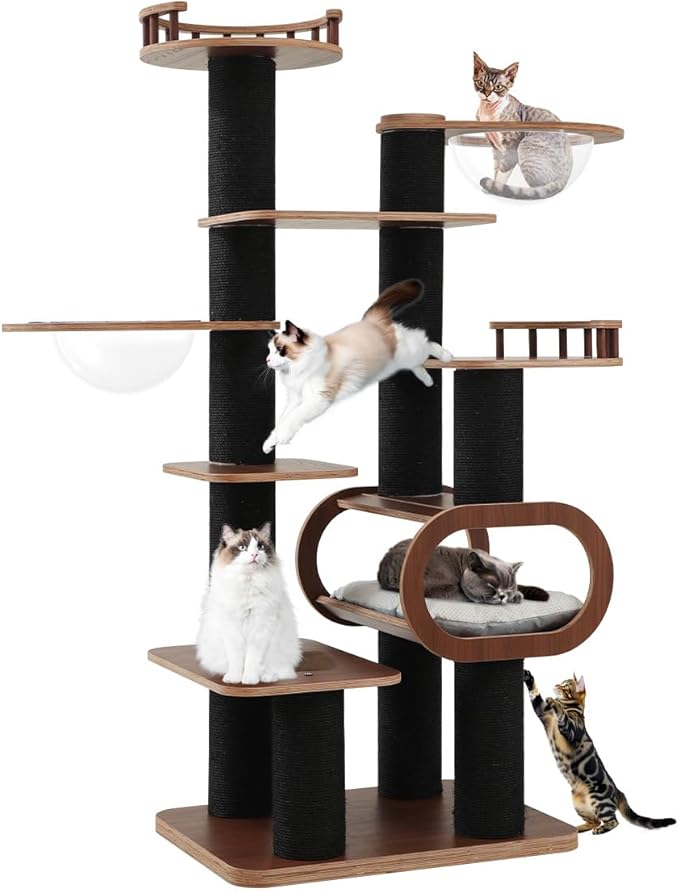70.9'' Black Cat Tree for Indoor Cats Large Adult, Heavy Duty Cat Tower with Scratching Post, Modern Kitty Tree with Removable Mats, Semi-closed Condo and Transparent Bowl, Wooden Luxury Cat Furniture