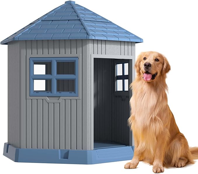 DRATO Dog House Indoor Outdoor Durable Large Dog Shelter with Outside Dog Kennel with Window and Elevated Floor for Small Medium Dogs (Blue, 34.8 * 30.51 * 36.89)
