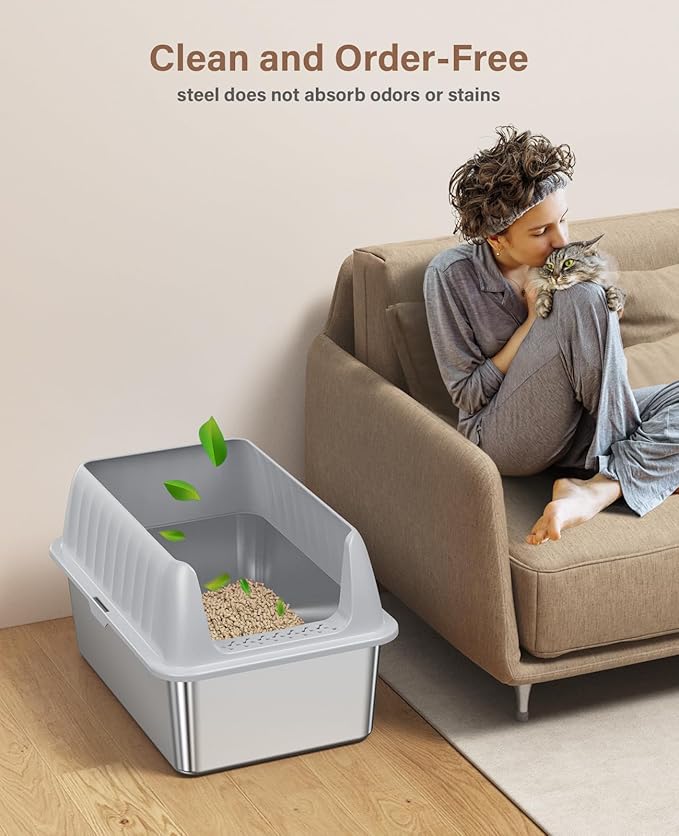 Cat Litter Box Stainless Steel XL with Lid, Enclosed Metal Extra Large Litter Box Pan High Sided with Scoop for Big Cats, Non-Sticky, Anti-Urine Leakage, Easy Cleaning