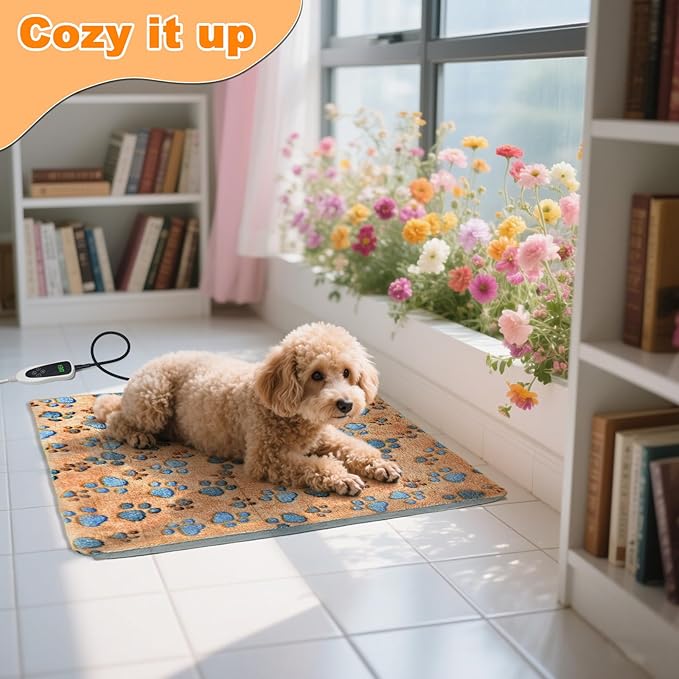 Cat Heating Pad,18×18 In Dog Heated Bed Smart Temperature Control Switch, Metal Protective Pipe Waterproof PVC Cat Beds For Indoor Cats With a Plush Cotton Cover,Heat Lamp For Puppies - Apricot