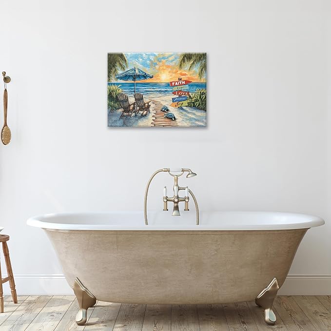 Beach Ocean Bathroom Pictures Wall Art, Seaside Coastal Bathroom Wall Decor, Sunrise Framed Painting Canvas Artwork for Bedroom Living Room Decorations 20"L x 16"W