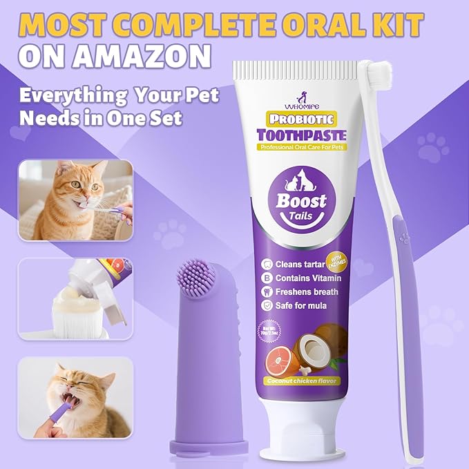 Cat Toothbrush and Toothpaste Kit - Includes Toothpaste (Coconut Chicken 2.5 oz.) Soft Brush, Finger Brush - Provides Safe and Effective Oral Care for Kittens and Adult Cats