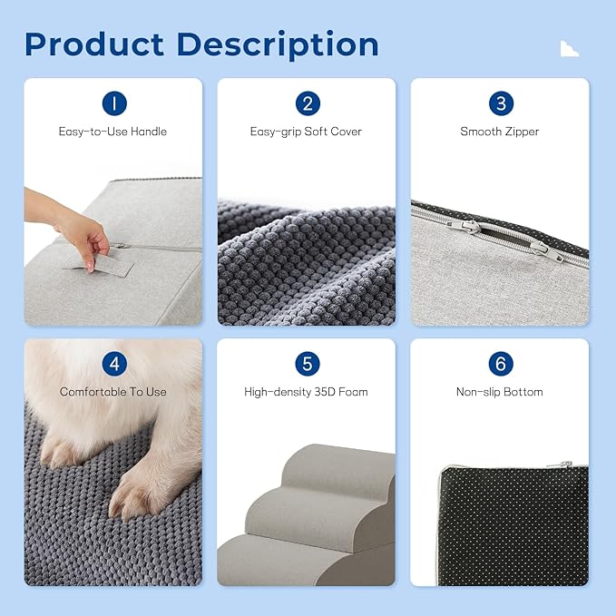 Dog Stairs for Small Dogs - Pet Stairs for Couch and Bed, 35D Foam Dog Steps Ramp with Non-Slip Bottom Brown, 3 Steps