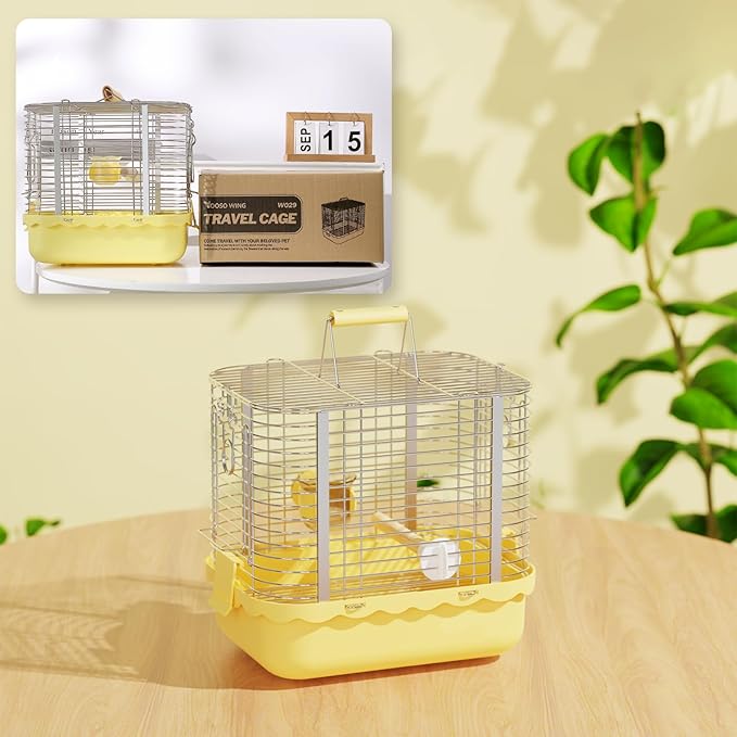 Bird Carrier Travel Cage, Durable Portable Stainless Steel Birdcage with Bird Perch & Feeding Bowl for Parrots Canaries Budgies Lovebirds Conures Cockatiels (Small Yellow)