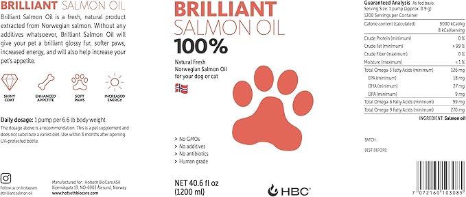 Brilliant Omega 3 Salmon Oil for Dogs & Cats - Norwegian Fish Oil Supplement with EPA & DHA Fatty Acids for Shedding, Allergy, Itching, Dry Skin & Joint Health - Skin and Coat Fish Oil Liquid, 40 Oz