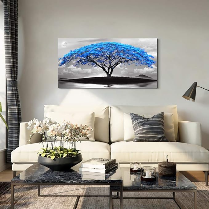 canvas wall art for living room bathroom Wall Decor Black and white landscape Blue tree moon painting to Hang Home Decorations for office bedroom kitchen Works canvas Prints pictures 24" x 48"inch