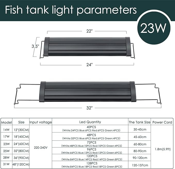 AQQA Aquarium Light,Full Spectrum LED Fish Tank Lights,12"-54" Adjustable Multi-Color White Blue Red Green LEDs with Extendable Brackets,14W-31W for Freshwater Plants (23W (24"-32"))