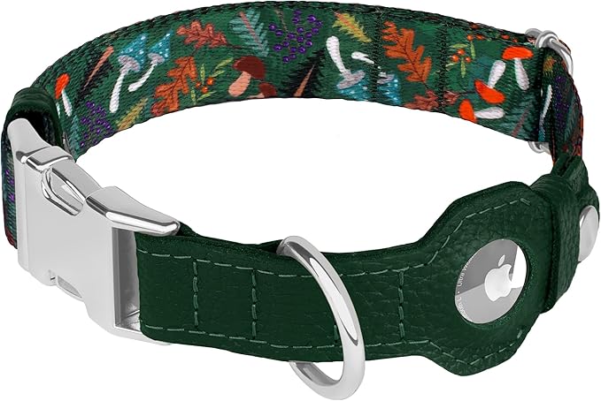AirTag Dog Collar for Small Medium Large Breed - Adjustable Cute Pattern Dog Collar with Airtag Holder - Soft Leather Tracker GPS Apple Air Tag Pet Collars (Medium, 14"-18" Neck Fit, Mushroom)