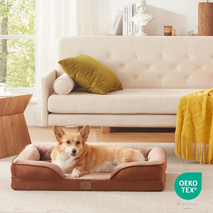 Bedfolks Orthopedic Dog Bed, Waterproof Dog Sofa Bed for Large Dogs, Egg Foam Pet Couch Bed with Removable Washable Cover and Nonslip Bottom, Brown