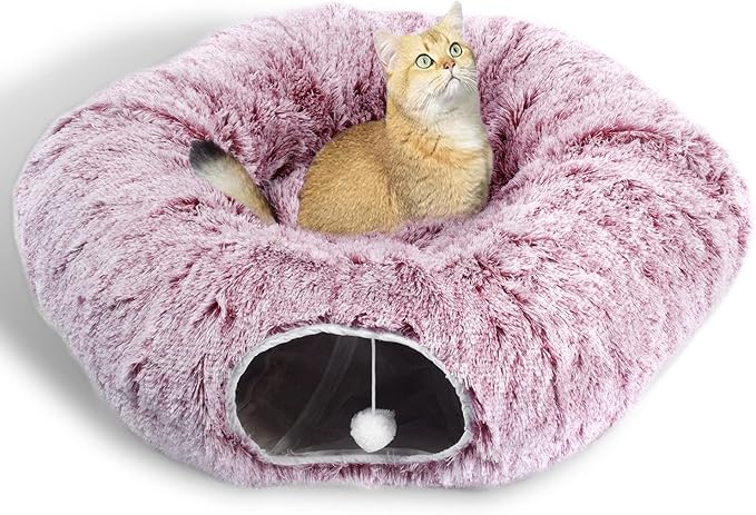 AUOON Cat Tunnel Bed for Indoor Cats - Circle Peekaboo Cat Cave with Washable Mat for Indoor Cats Kitten Kitty Puppy Rabbit Ferret (Rosiness)