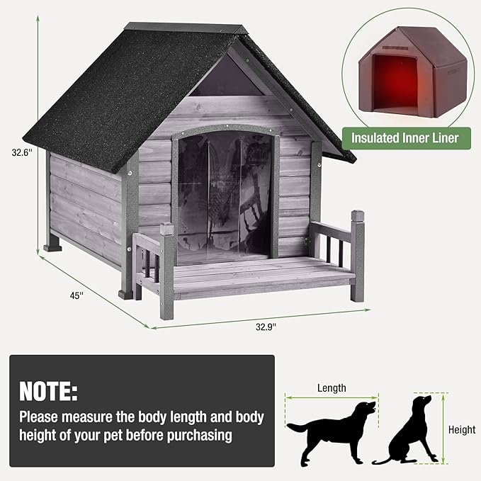 Dog House Outdoor Insulated for Winter, Puppy Kennel with Anti-Chewing Iron Frame, Weatherproof Dog Crate with Insulated Liner for Small Medium Large Dogs (Grey, 45" x 32.9" x 32.6")
