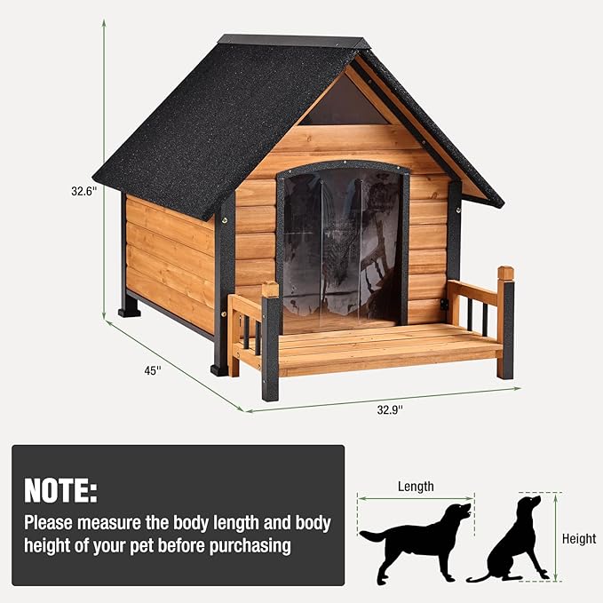 Dog House Outdoor with Anti-Chewing Iron Frame, Weatherproof Dog Kennel with Porch and Raised Feet for Small Medium Large Dogs Indoor (Brown, 45" x 32.9" x 32.6")