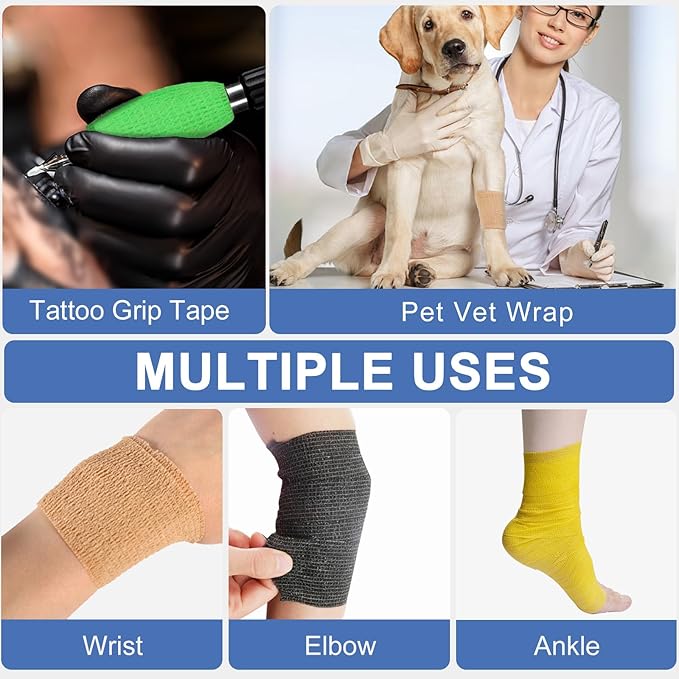 24 Pack Self Adhesive Bandage Wrap, 4” x 5 Yards Elastic Cohesive Bandage Wrap Self Adherent Medical Tape for Sports, Ankle, Wrist Sprains, Pet First Aid, Vet Wrap