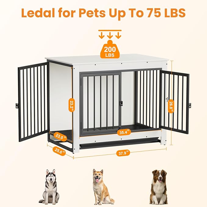 Dog Crate Furniture, Dog Crate End Table for Medium and Large Dogs,Wooden Cage Kennel Furniture Indoor, Modern Dog Crate with Multi-Purpose Removable Tray, Double-Doors Dog Furniture, White