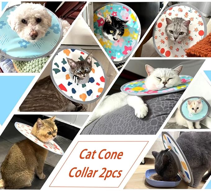 Cat Cone Collar 2pcs Adjustable Protective Collar for Pet Cat Recovery Collar Wound Healing (B-Blue Flower, M+L)