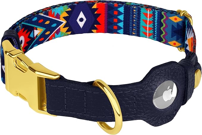 AirTag Dog Collar for Small Medium Large Breed - Adjustable Cute Pattern Dog Collar with Airtag Holder - Soft Leather Tracker GPS Apple Air Tag Pet Collars (X-Large, 20"-25" Neck Fit, Navajo)