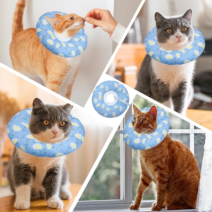 Cat Cone Collar Soft, Adjustable Cat Recovery Collars Kitten Cones to Stop Licking, Cute Donut E Collar After Surgery, Wound Healing Elizabethan Collar for Kitten(Blue Daisy, Large)