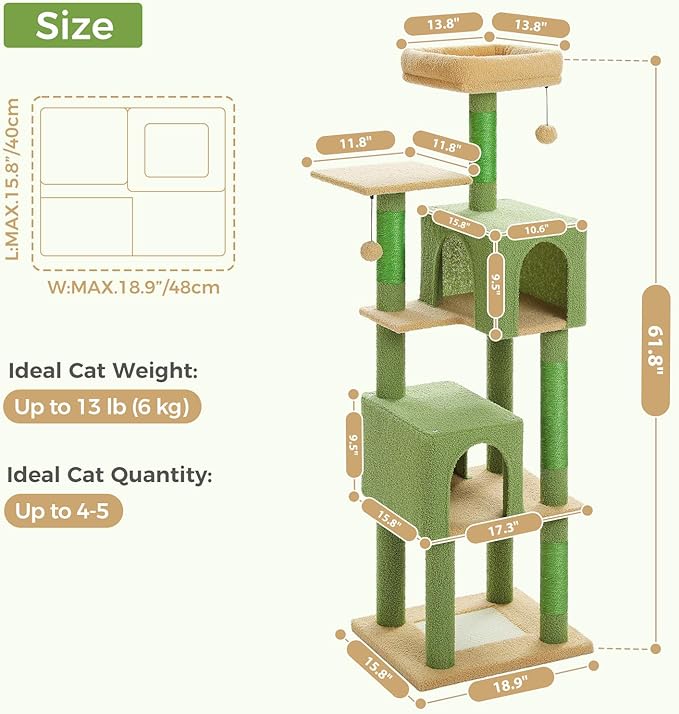 Cactus Cat Tree, 62-Inch Tall Multi-Level Cat Tower with Scratching Posts, Cat Condos for Large Indoor Cats, Plush Cat Bed w/Padded Perches, Scratching Pad & 2 Green Pompoms, Green