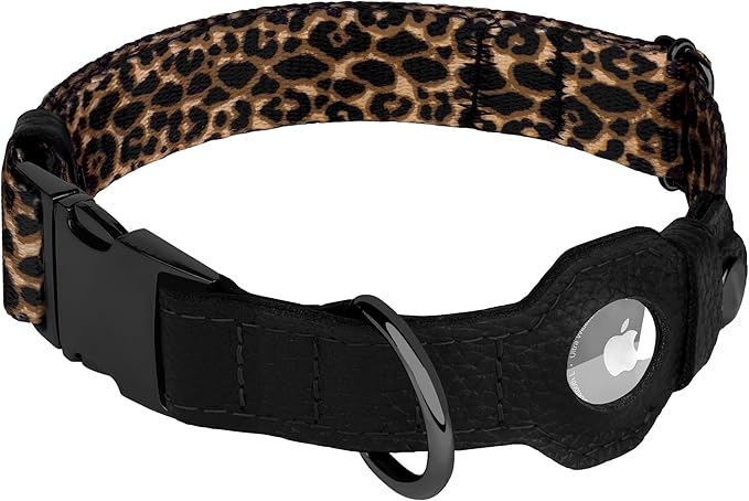 AirTag Dog Collar for Small Medium Large Breed - Adjustable Cute Pattern Dog Collar with Airtag Holder - Soft Leather Tracker GPS Apple Air Tag Pet Collars (Medium, 14"-18" Neck Fit, Leopard)