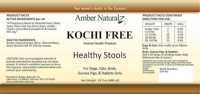 Amber NaturalZ Kochi Free Herbal Supplement for Dogs, Cats, Birds, Rabbits, and Guinea Pigs | Supports Healthy Bowel Function | Natural Aid for Digestive Balance | 16 Fluid Ounce Glass Bottle