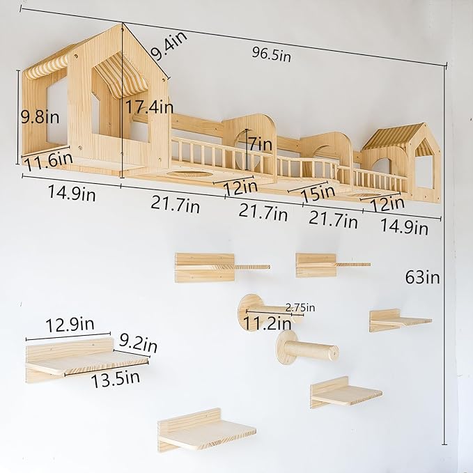 Cat Wall Shelves and Furniture Set with Condos, Perches, Bridge Ladders, Sisal Scratching Posts - Steps and Houses for Cats (D)