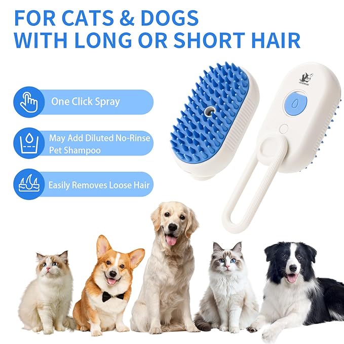 Cat Steam Brush for Shedding,4 in 1 Grooming Brush for Cats and Dogs,Deshedding,Massage,Cleaning & Anti-Static All In One,Suitable for Long & Short Haired Pets,Includes Waterless Shampoo,Blue