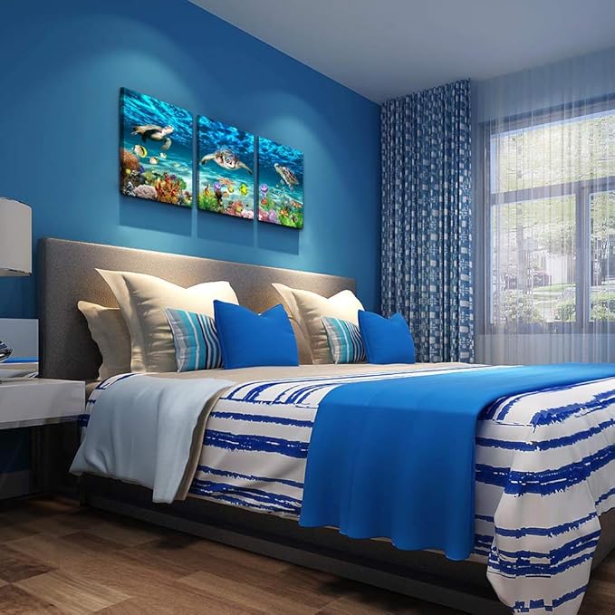AHUASJART Canvas Wall Art for Living Room family Wall decor for Bedroom Bathroom Wall Decoration blue Ocean Sea Turtle Paintings Modern shark Pictures Artwork office Ready to Hang 12" x 16" 3 Piece