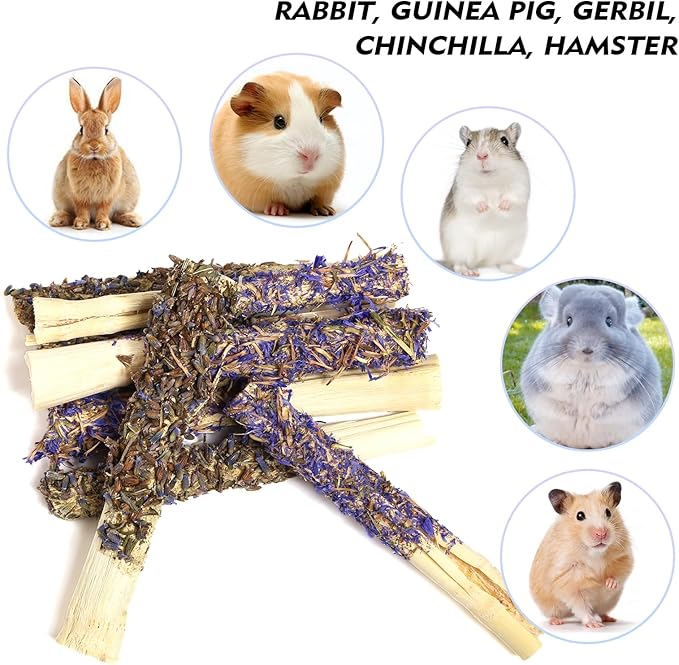 Abizoo Sweet Bamboo Rabbit Chew Sticks Treats and Toys 8Pcs Natural Hay with Forget-Me-Not Lavender for Bunny Guinea Pig Chinchilla Dental Care