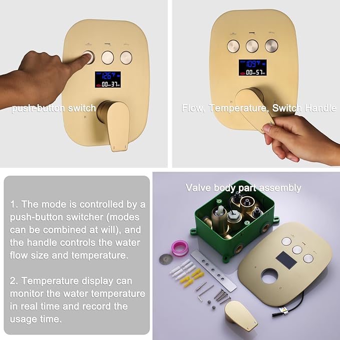 Brushed Gold Shower System Set Temperature Display Push Button Shower Faucet with 12 inch and 8 inch Wall Mount Full Body Shower Head and Handheld Shower