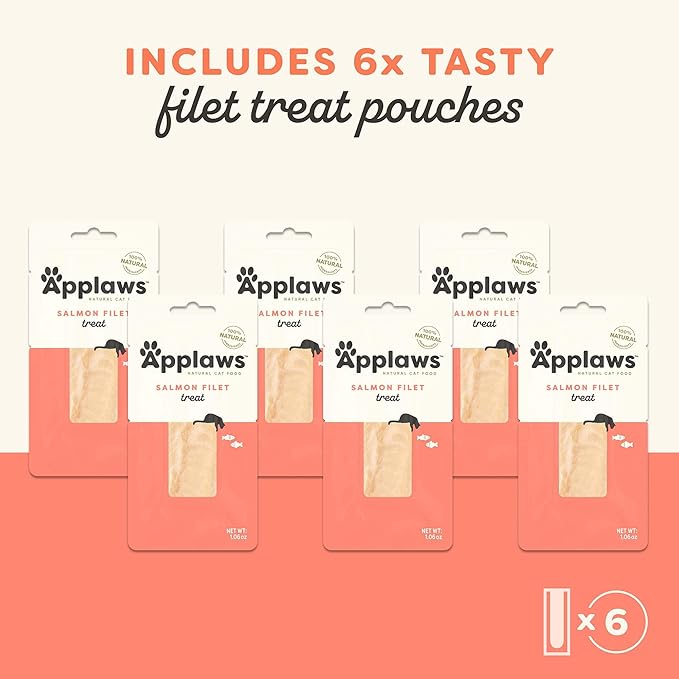 Applaws Natural Cat Treats, Grain-Free, High-Protein Whole Salmon Loins, Single-Ingredient Healthy Snack for Cats (6 x 1.06oz Loins)