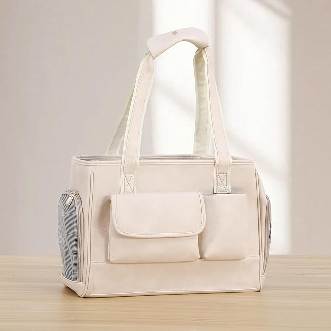 Dog Carrier Purse, Fashion Leather Pet Carrier Bag, Airline Approved Soft Sided Cat Travel Tote Bag with Pockets White
