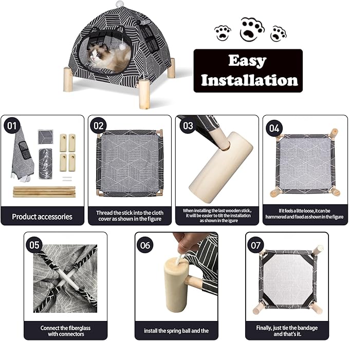 2-in-1 Elevated Cat Tent Cat House, Quick Assembly and Disassembly, Portable Indoor/Outdoor Cute Cat Bed Cave-Black Diamond Pattern