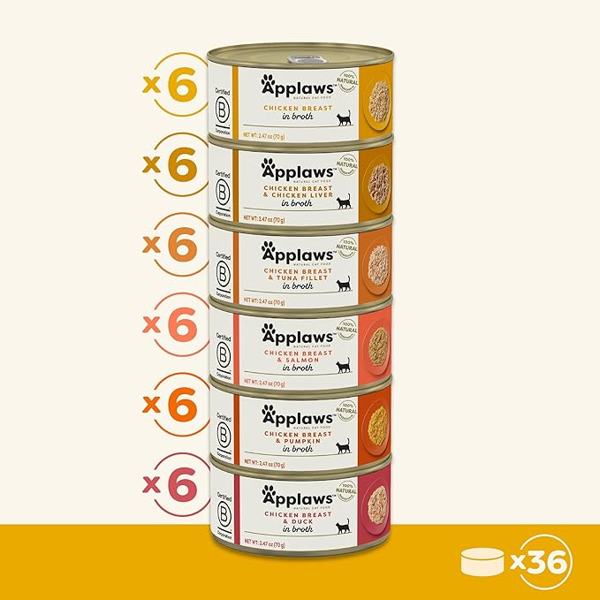 Applaws Natural Wet Cat Food in Broth, Limited Ingredient Canned Wet Cat Food, No Additives, Made with Natural Ingredients, Chicken Selection in Broth Cans (36 x 2.47oz Cans)