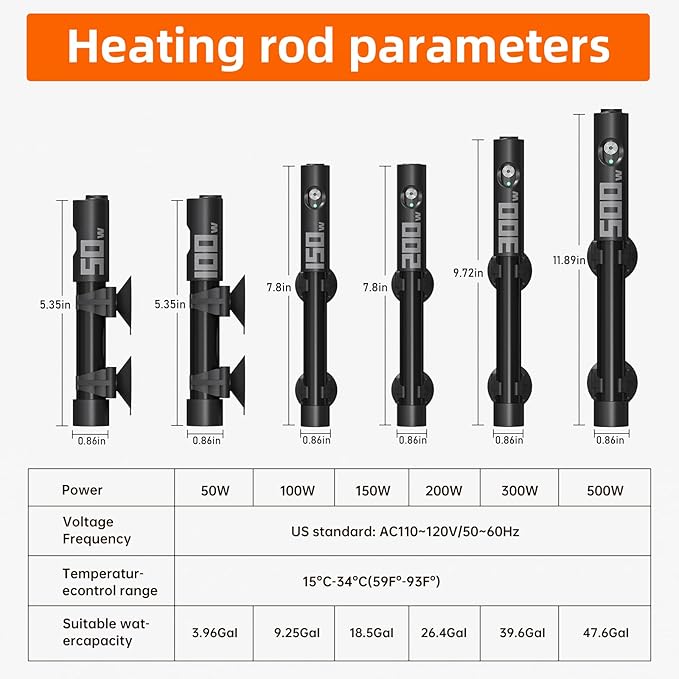 Aquarium Heater,50w/100w/150w/200w/300w/500w Submersible Fish Tank Heater,External LED Controller, with Over-Temperature Protection and Automatic Power-Off When Leaving Water for.