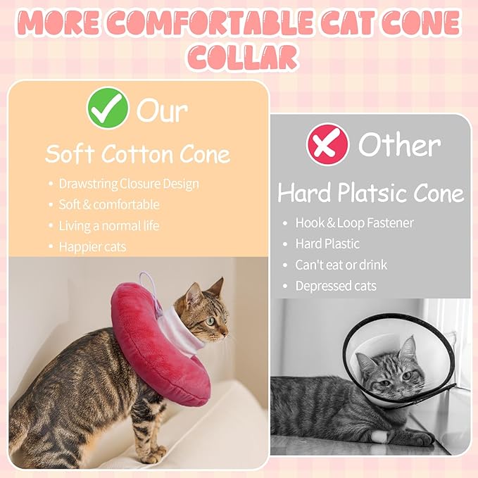 BRKURLEG Cat Cone Collar Soft, Cute Cat Recovery Cones, Soft Protective Pet Neck Cone, Adjustable Kitten Cones to Stop Licking, Pet Anti-Lick Wound Healing Elizabethan Collar, Pink, M