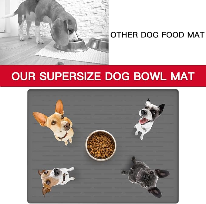 39.4"x29.5" Largest Pet Food Mat, Silicone Dog Mats for Food and Water, Nonslip Pet Feeding Mats for Floors,Dog Cat Bowl Mat with Raised Edges, Gray White