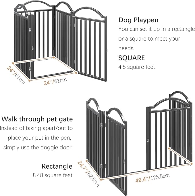 BHG Metal No-Assembly Freestanding Dog Gate with Door Walk Through, Extra Wide 96", Extra Tall 32" Pet Gate, Accordion Puppy Folding Playpen Dog Fence for Indoor & Outdoor, with 2PCS Support - Black