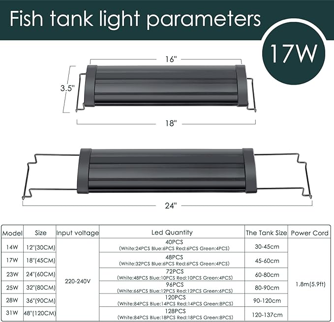 AQQA Aquarium Light,Full Spectrum LED Fish Tank Lights,12"-54" Adjustable Multi-Color White Blue Red Green LEDs with Extendable Brackets,14W-31W for Freshwater Plants (17W (18"-24"))